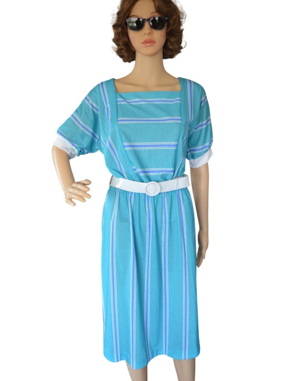 Vintage 80s Mari Lynn Fashions Womens Blue White Striped Dress Modern Size S